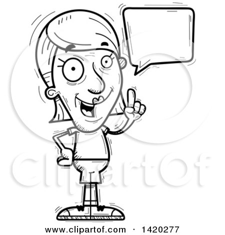 Clipart of a Cartoon Black and White Lineart Doodled Senior Woman Holding up a Finger and Talking - Royalty Free Vector Illustration by Cory Thoman