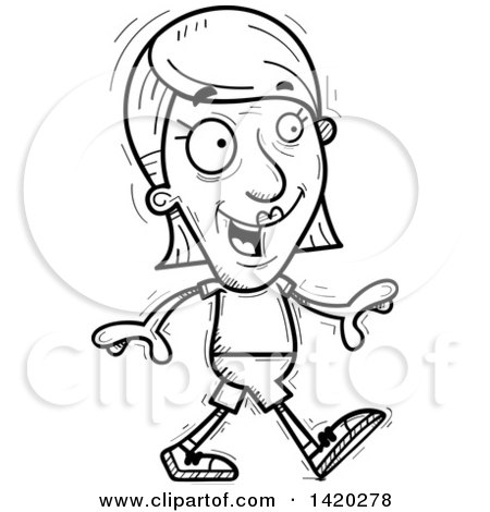 Clipart of a Cartoon Black and White Lineart Doodled Senior Woman Walking - Royalty Free Vector Illustration by Cory Thoman
