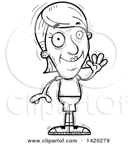 Clipart of a Cartoon Black and White Lineart Doodled Friendly Senior Woman Waving - Royalty Free Vector Illustration by Cory Thoman