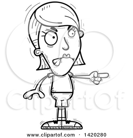 Clipart of a Cartoon Black and White Lineart Doodled Angry Woman Pointing - Royalty Free Vector Illustration by Cory Thoman