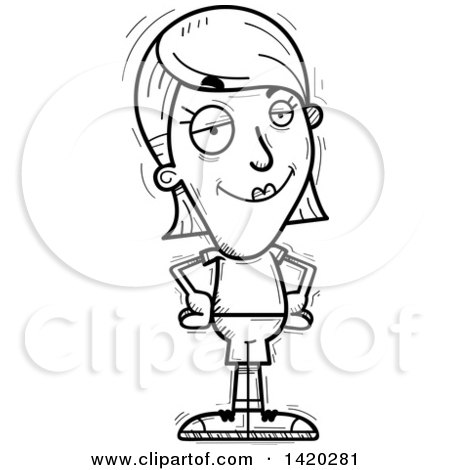 Clipart of a Cartoon Black and White Lineart Doodled Confident Woman - Royalty Free Vector Illustration by Cory Thoman