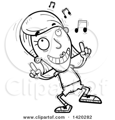 Clipart of a Cartoon Black and White Lineart Doodled Woman Dancing to Music - Royalty Free Vector Illustration by Cory Thoman