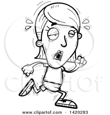 Clipart of a Cartoon Black and White Lineart Doodled Exhausted Woman Running - Royalty Free Vector Illustration by Cory Thoman