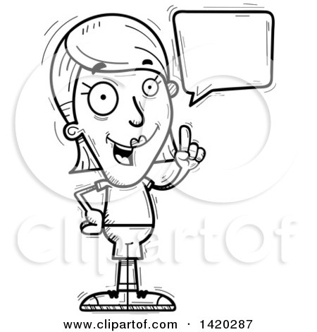 Clipart of a Cartoon Black and White Lineart Doodled Woman Holding up a Finger and Talking - Royalty Free Vector Illustration by Cory Thoman