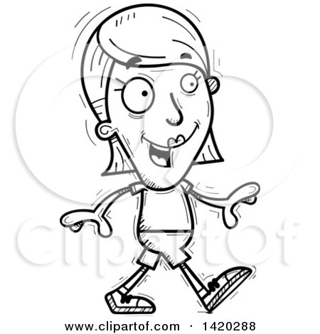 Clipart of a Cartoon Black and White Lineart Doodled Woman Walking - Royalty Free Vector Illustration by Cory Thoman
