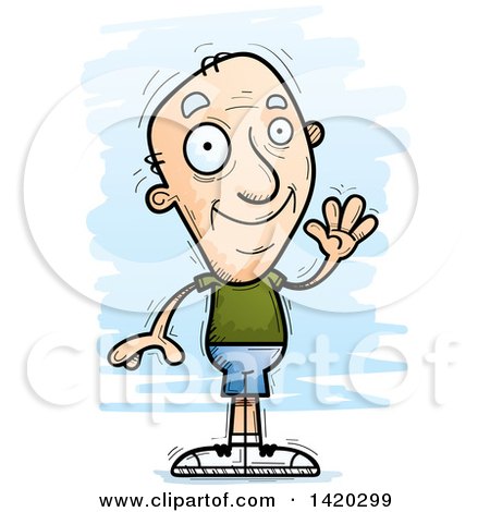 Clipart of a Cartoon Doodled Friendly Senior White Man Waving - Royalty Free Vector Illustration by Cory Thoman