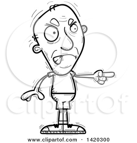 Clipart of a Cartoon Black and White Lineart Doodled Angry Senior Man Pointing - Royalty Free Vector Illustration by Cory Thoman