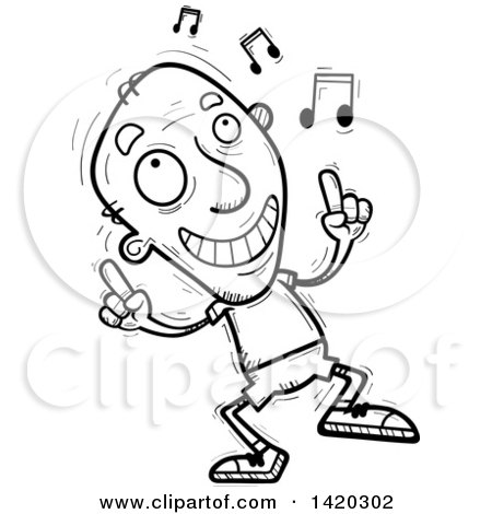 Clipart of a Cartoon Black and White Lineart Doodled Senior Man Dancing to Music - Royalty Free Vector Illustration by Cory Thoman