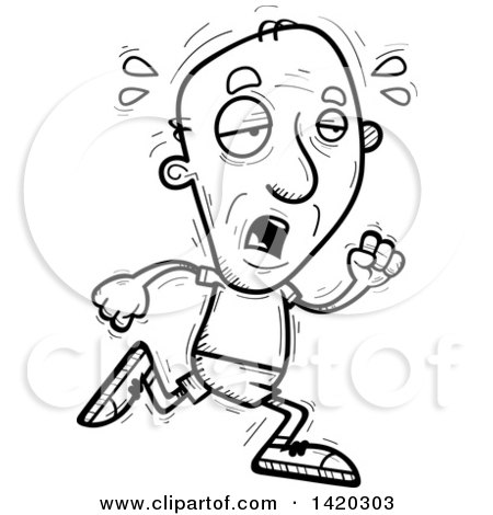 Clipart of a Cartoon Black and White Lineart Doodled Exhausted Senior Man Running - Royalty Free Vector Illustration by Cory Thoman