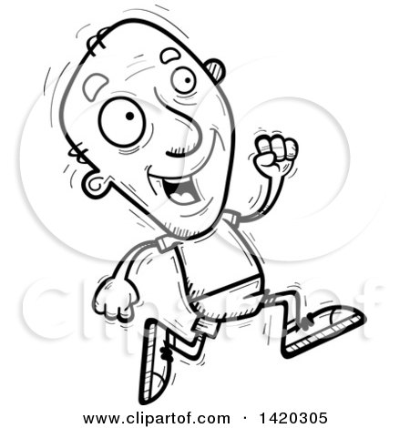 Clipart of a Cartoon Black and White Lineart Doodled Senior Man Running - Royalty Free Vector Illustration by Cory Thoman