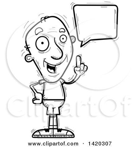 Clipart of a Cartoon Black and White Lineart Doodled Senior Man Holding up a Finger and Talking - Royalty Free Vector Illustration by Cory Thoman