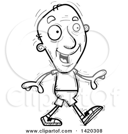 Clipart of a Cartoon Black and White Lineart Doodled Senior Man Walking - Royalty Free Vector Illustration by Cory Thoman