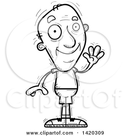 Clipart of a Cartoon Black and White Lineart Doodled Friendly Senior Man Waving - Royalty Free Vector Illustration by Cory Thoman