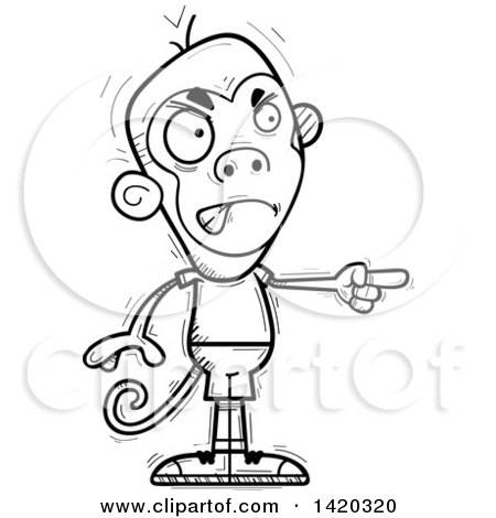 Clipart of a Cartoon Black and White Lineart Doodled Angry Monkey Pointing - Royalty Free Vector Illustration by Cory Thoman