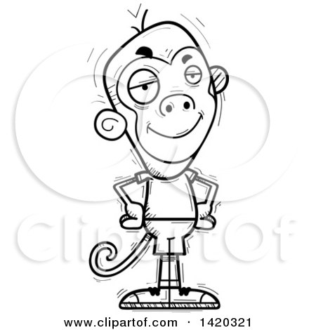 Clipart of a Cartoon Black and White Lineart Doodled Confident Monkey - Royalty Free Vector Illustration by Cory Thoman