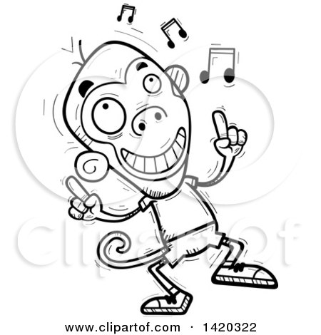 Clipart of a Cartoon Black and White Lineart Doodled Monkey Dancing to Music - Royalty Free Vector Illustration by Cory Thoman