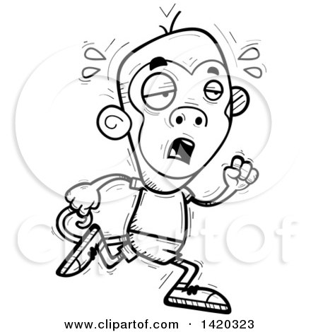 Clipart of a Cartoon Black and White Lineart Doodled Exhausted Monkey Running - Royalty Free Vector Illustration by Cory Thoman