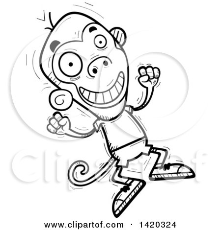 Clipart of a Cartoon Black and White Lineart Doodled Monkey Jumping for Joy - Royalty Free Vector Illustration by Cory Thoman