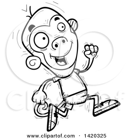 Clipart of a Cartoon Black and White Lineart Doodled Monkey Running - Royalty Free Vector Illustration by Cory Thoman