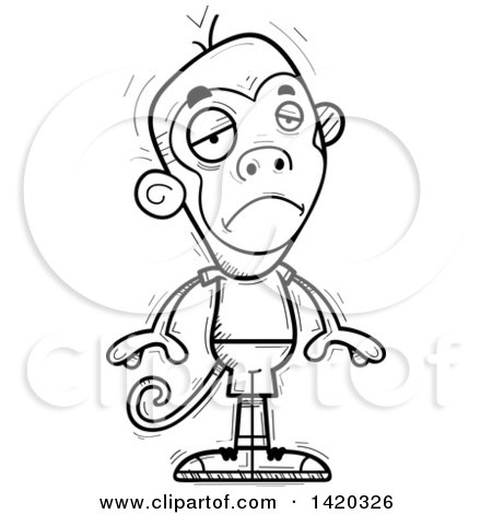 Clipart of a Cartoon Black and White Lineart Doodled Monkey Pouting - Royalty Free Vector Illustration by Cory Thoman