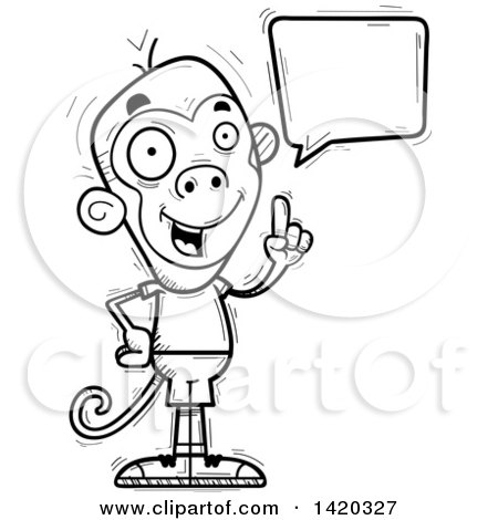Clipart of a Cartoon Black and White Lineart Doodled Monkey Holding up a Finger and Talking - Royalty Free Vector Illustration by Cory Thoman