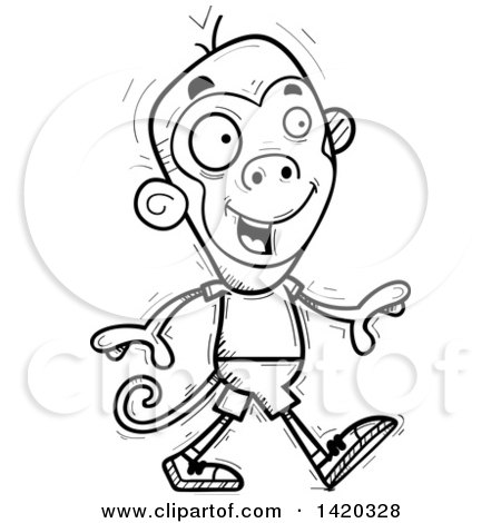 Clipart of a Cartoon Black and White Lineart Doodled Monkey Walking - Royalty Free Vector Illustration by Cory Thoman