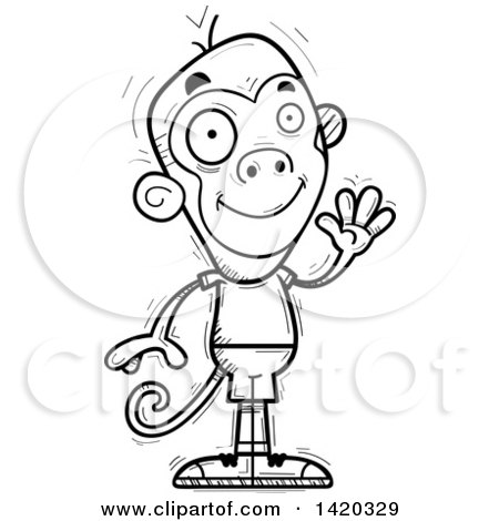 Clipart of a Cartoon Black and White Lineart Doodled Friendly Monkey Waving - Royalty Free Vector Illustration by Cory Thoman
