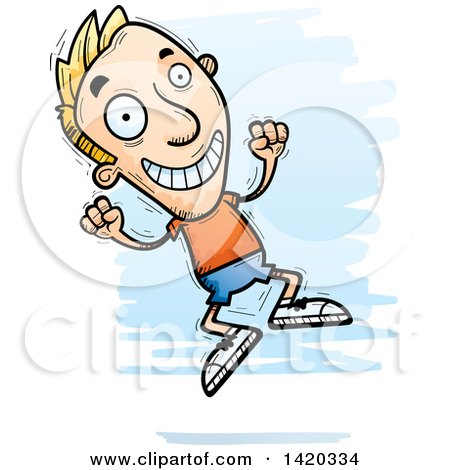 Clipart of a Cartoon Doodled Blond White Man Jumping for Joy - Royalty Free Vector Illustration by Cory Thoman