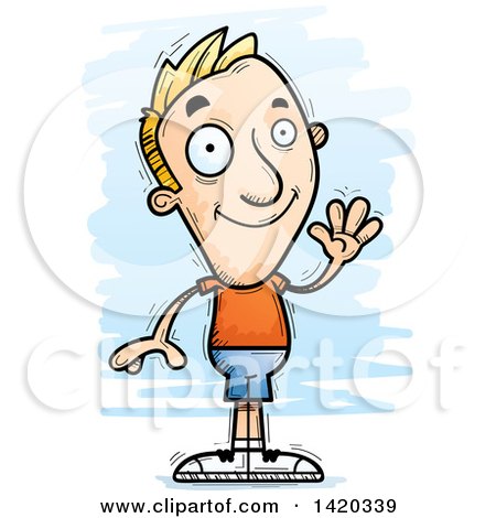 Clipart of a Cartoon Doodled Friendly Blond White Man Waving - Royalty Free Vector Illustration by Cory Thoman