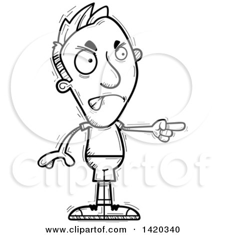 Clipart of a Cartoon Black and White Lineart Doodled Angry Man Pointing - Royalty Free Vector Illustration by Cory Thoman