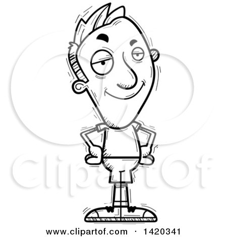 Clipart of a Cartoon Black and White Lineart Doodled Confident Man - Royalty Free Vector Illustration by Cory Thoman