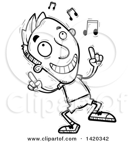 Clipart of a Cartoon Black and White Lineart Doodled Man Dancing to Music - Royalty Free Vector Illustration by Cory Thoman