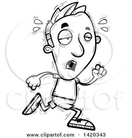 Clipart of a Cartoon Black and White Lineart Doodled Exhausted Man Running - Royalty Free Vector Illustration by Cory Thoman