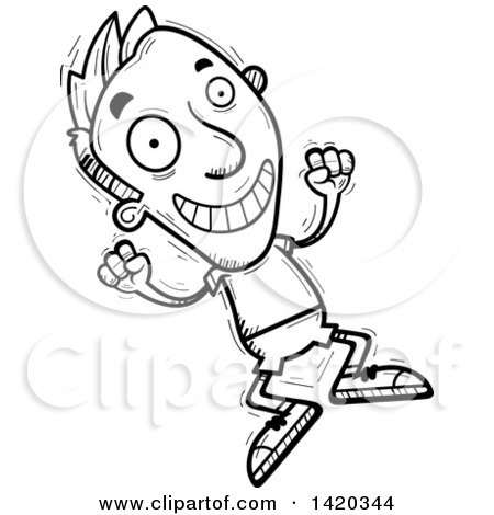 Clipart of a Cartoon Black and White Lineart Doodled Man Jumping for Joy - Royalty Free Vector Illustration by Cory Thoman