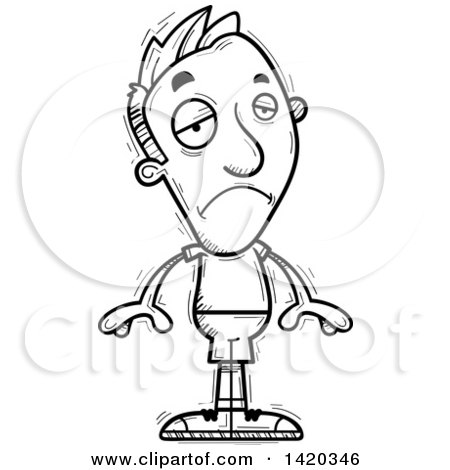 Clipart of a Cartoon Black and White Lineart Doodled Man Pouting - Royalty Free Vector Illustration by Cory Thoman