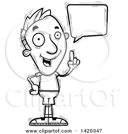 Clipart of a Cartoon Black and White Lineart Doodled Man Holding up a Finger and Talking - Royalty Free Vector Illustration by Cory Thoman