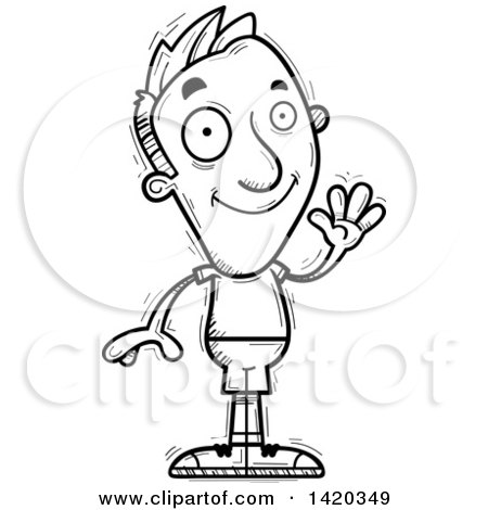 Clipart of a Cartoon Black and White Lineart Doodled Friendly Man Waving - Royalty Free Vector Illustration by Cory Thoman