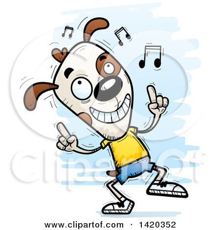 Clipart of a Cartoon Doodled Dog Dancing to Music - Royalty Free Vector Illustration by Cory Thoman