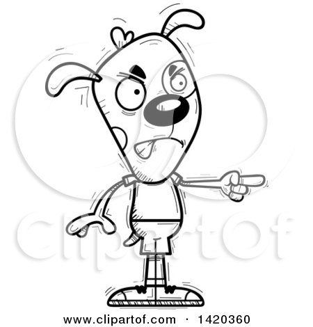 Clipart of a Cartoon Black and White Lineart Doodled Angry Dog Pointing - Royalty Free Vector Illustration by Cory Thoman
