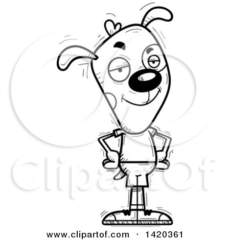 Clipart of a Cartoon Black and White Lineart Doodled Confident Dog - Royalty Free Vector Illustration by Cory Thoman