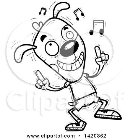 Clipart of a Cartoon Black and White Lineart Doodled Dog Dancing to Music - Royalty Free Vector Illustration by Cory Thoman