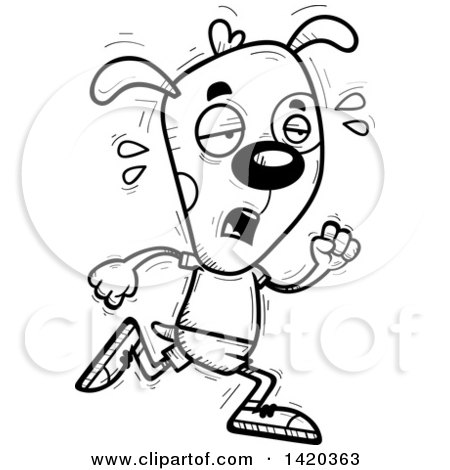 Clipart of a Cartoon Black and White Lineart Doodled Exhausted Dog Running - Royalty Free Vector Illustration by Cory Thoman