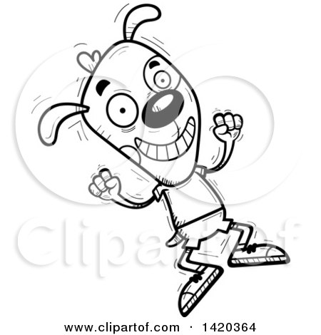 Clipart of a Cartoon Black and White Lineart Doodled Dog Jumping for Joy - Royalty Free Vector Illustration by Cory Thoman