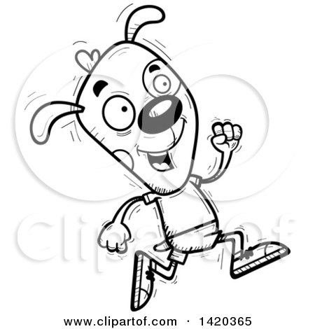 Clipart of a Cartoon Black and White Lineart Doodled Dog Running - Royalty Free Vector Illustration by Cory Thoman