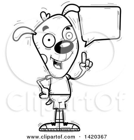 Clipart of a Cartoon Black and White Lineart Doodled Dog Holding up a Finger and Talking - Royalty Free Vector Illustration by Cory Thoman