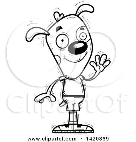Clipart of a Cartoon Black and White Lineart Doodled Friendly Dog Waving - Royalty Free Vector Illustration by Cory Thoman