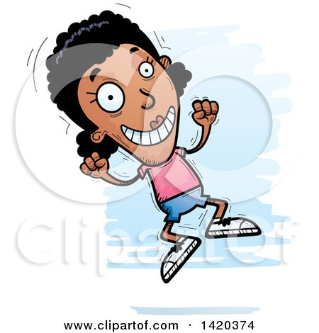 Clipart of a Cartoon Doodled Black Woman Jumping for Joy - Royalty Free Vector Illustration by Cory Thoman
