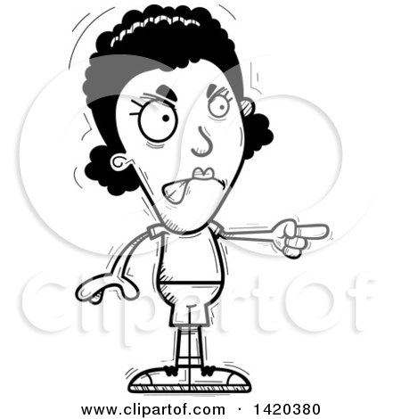 Clipart of a Cartoon Black and White Lineart Doodled Angry Black Woman Pointing - Royalty Free Vector Illustration by Cory Thoman