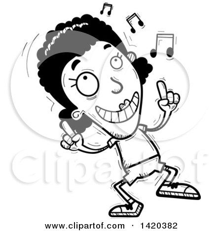 Clipart of a Cartoon Black and White Lineart Doodled Black Woman Dancing to Music - Royalty Free Vector Illustration by Cory Thoman