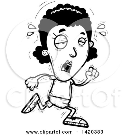 Clipart of a Cartoon Black and White Lineart Doodled Exhausted Black Woman Running - Royalty Free Vector Illustration by Cory Thoman